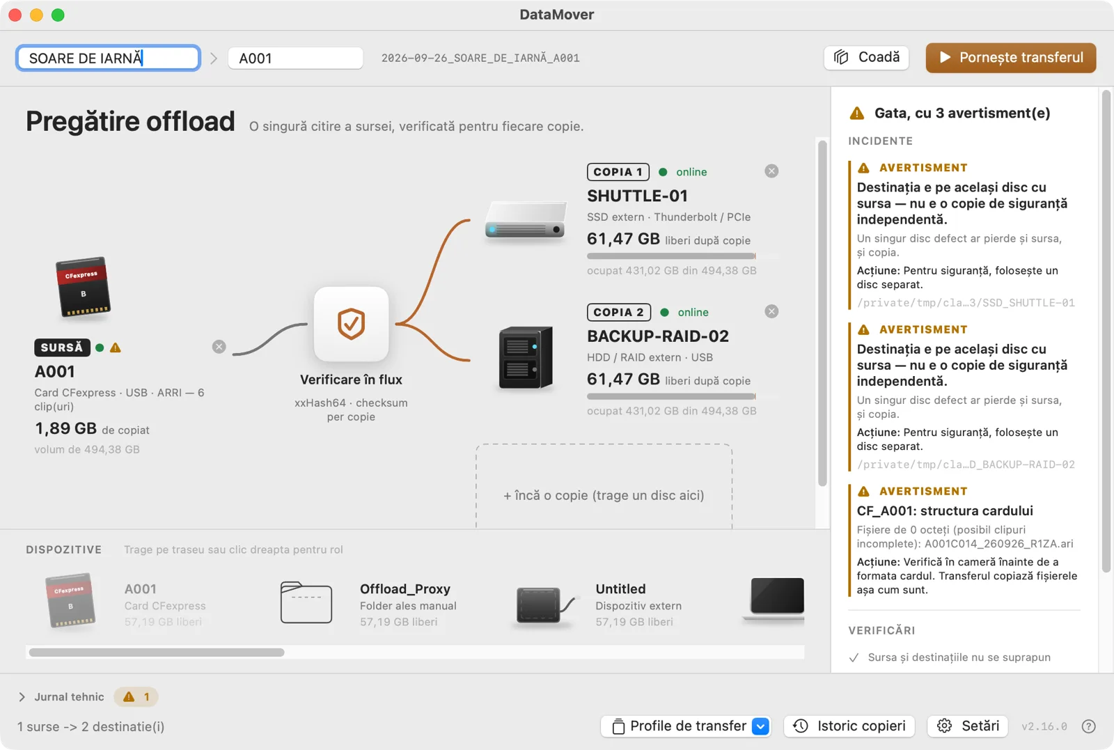 DataMover pentru macOS în tema luminoasă, ecranul de pregătire cu avertismente înainte de pornire.