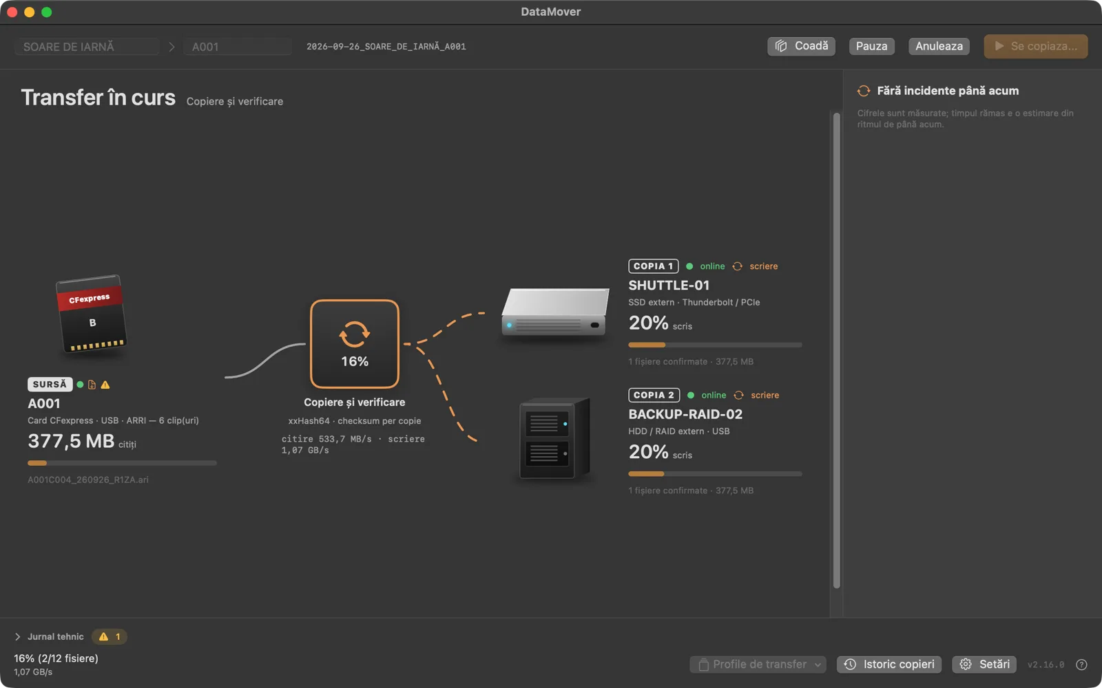 DataMover pentru macOS în timpul transferului, cu progresul pe fiecare destinație.