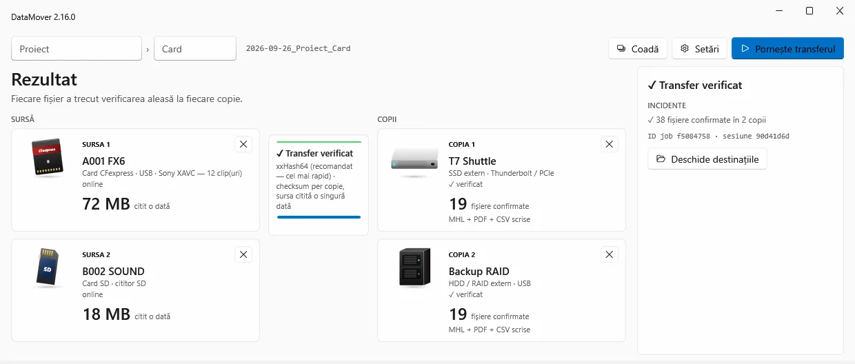 DataMover pentru Windows, tema luminoasă, rezultat verificat: două surse copiate pe două discuri.