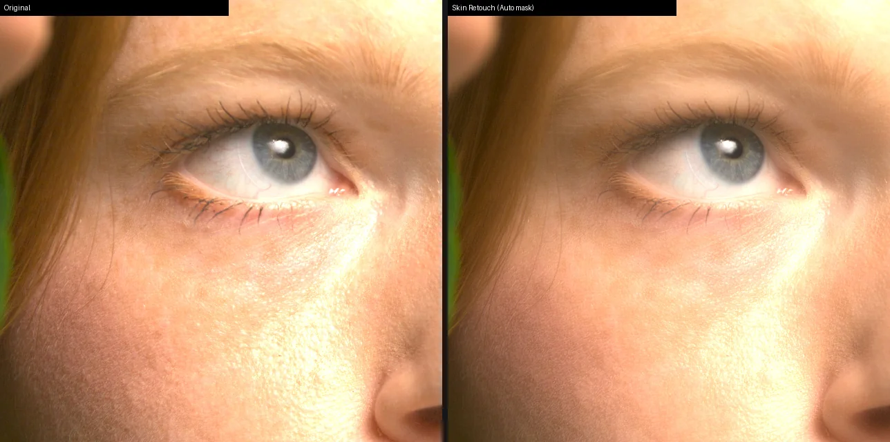 Doi ochi alăturați: originalul în stânga și rezultatul GDC Skin Retouch în dreapta, aceeași decupare.